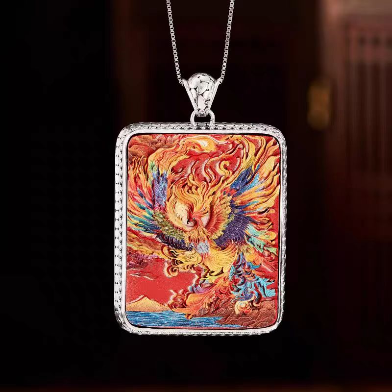 Painted cinnabar phoenix silver thangka pendant